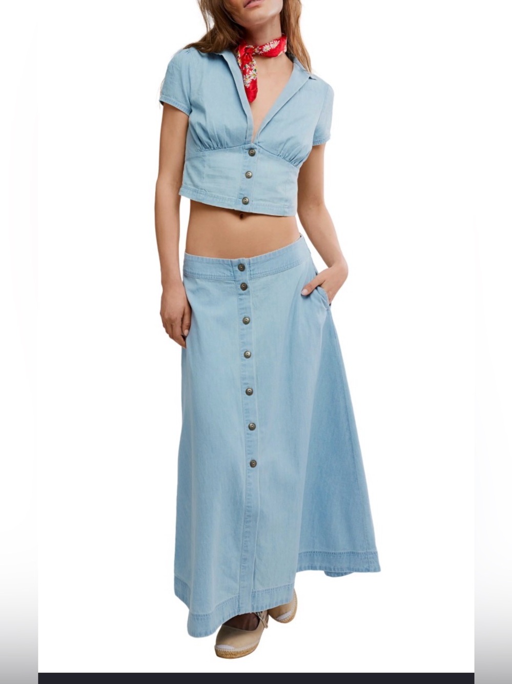 Free People Easy Does It Chambray Denim Crop Top Maxi Skirt 2 Piece Set NWOT